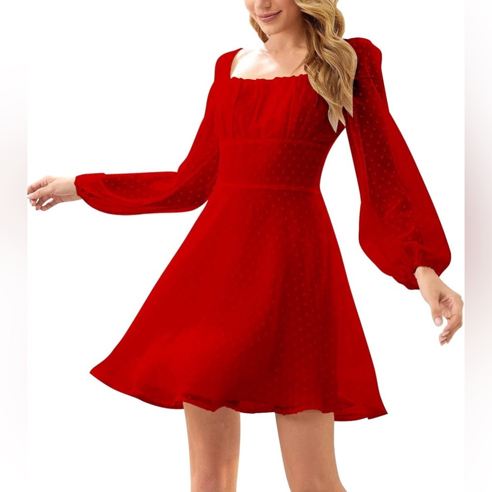 LYANER Women's Polka Dots Square Neck A line Long Sleeve Swiss Dots Mini Dress